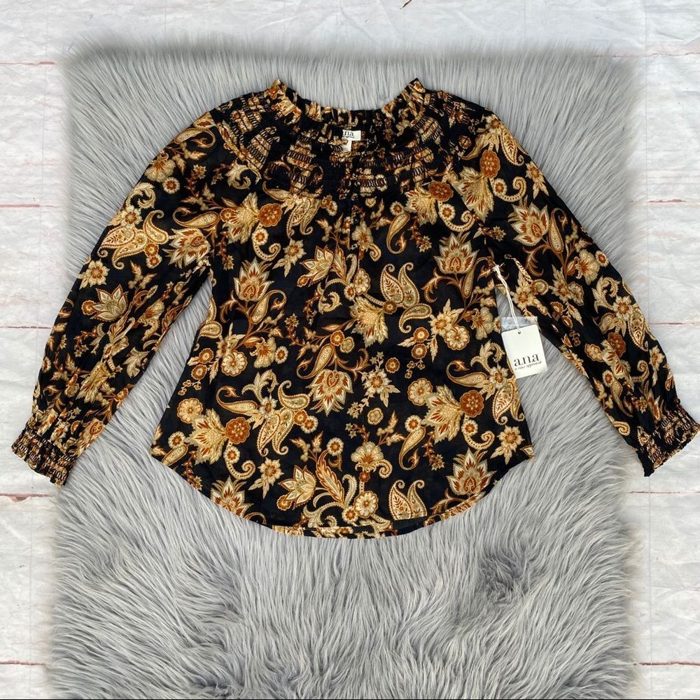 A.n.a Cotton Smocked Paisley Print Blouse XS